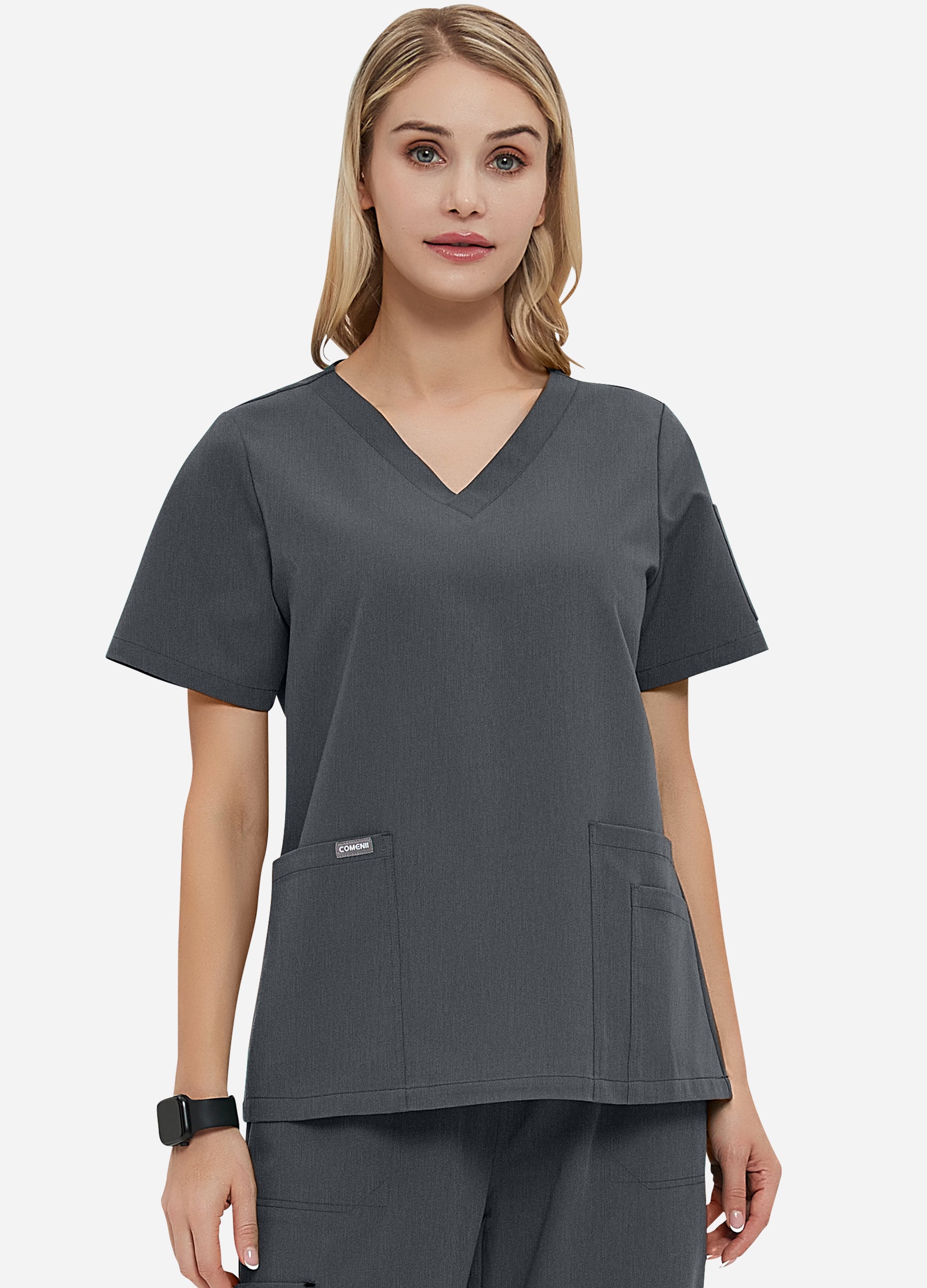 Blusa médica de 4 bolsillos con escote en V para mujer