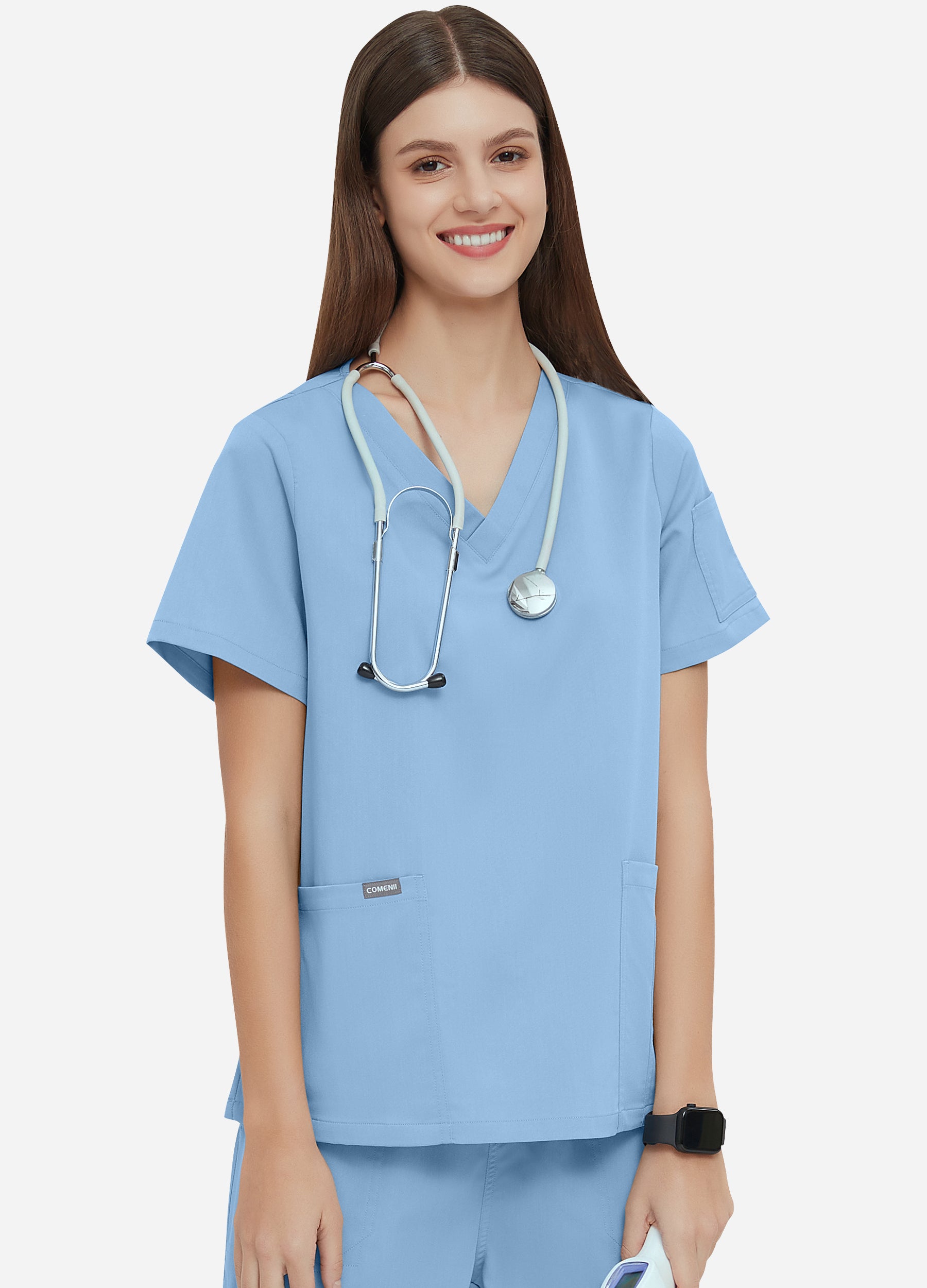 Blusa médica de 4 bolsillos con escote en V para mujer