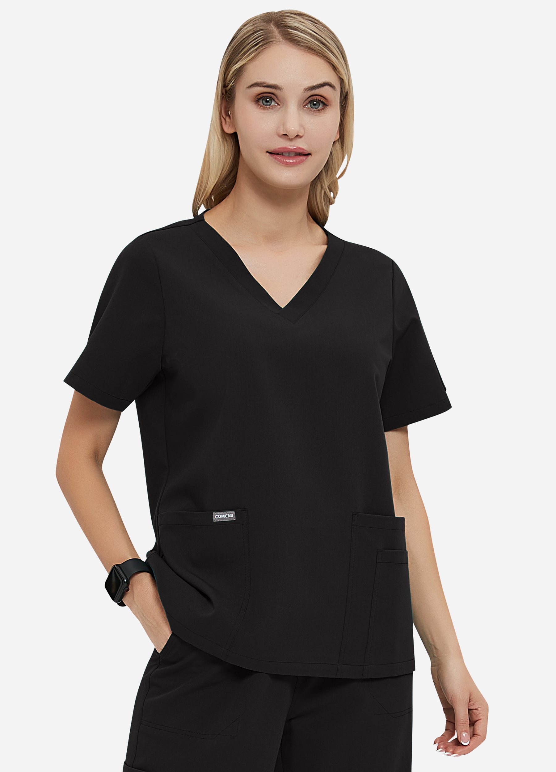 Blusa médica de 4 bolsillos con escote en V para mujer