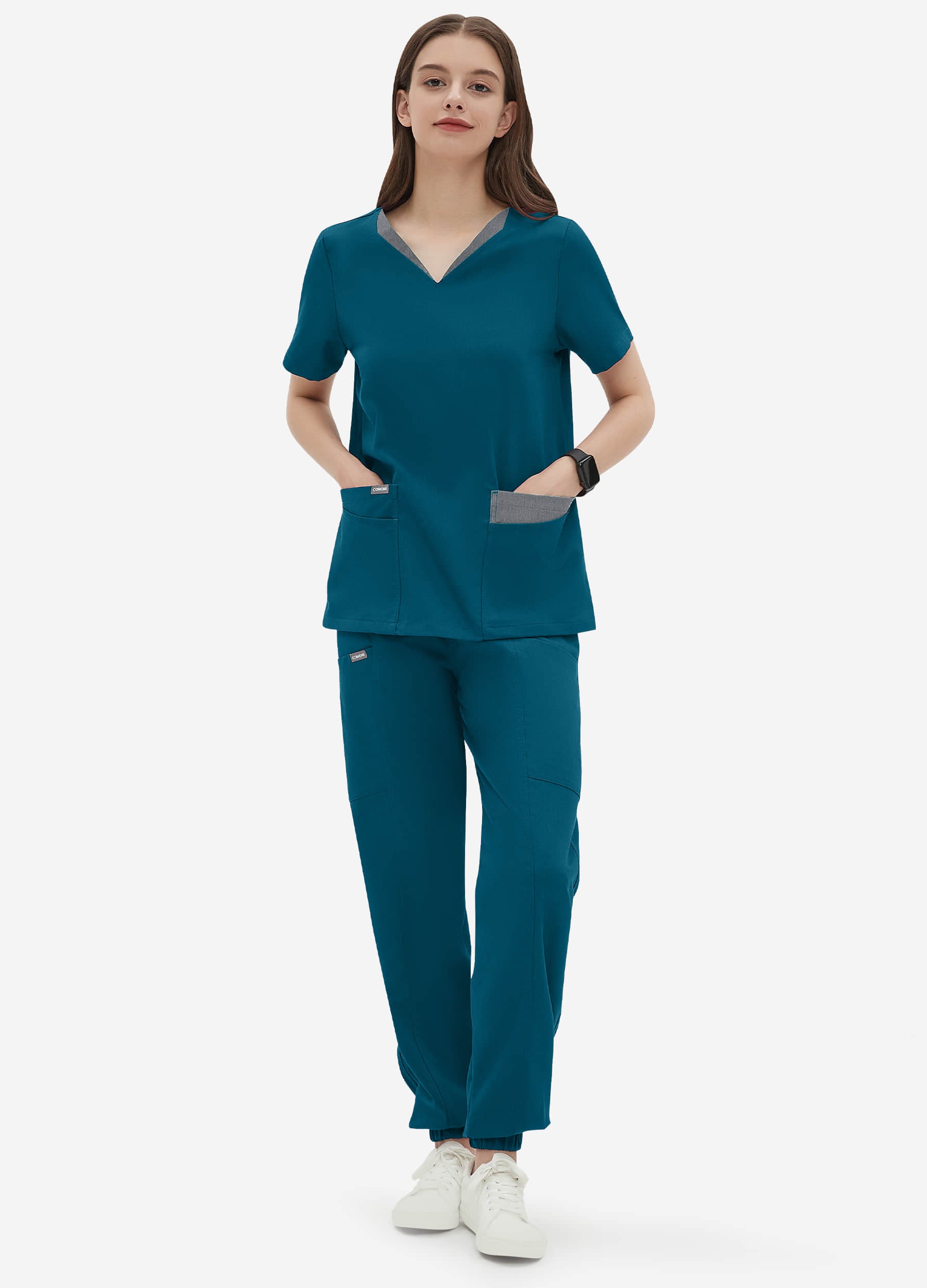 Haut d'uniforme médical double épaisseur/couleurs à 4 poches pour femme