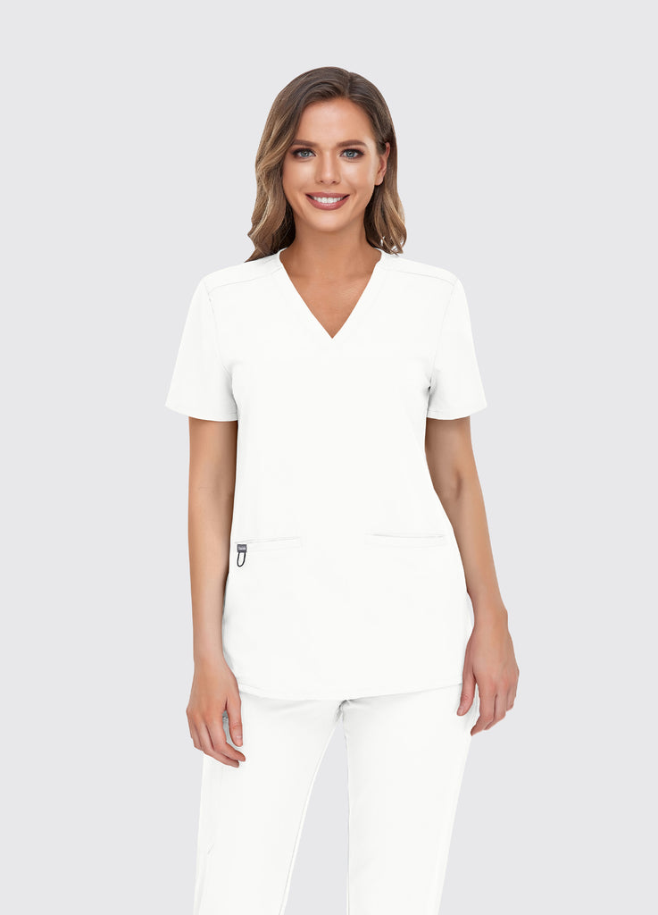 Blusa médica entallada con escote en V y 3 bolsillos para mujer