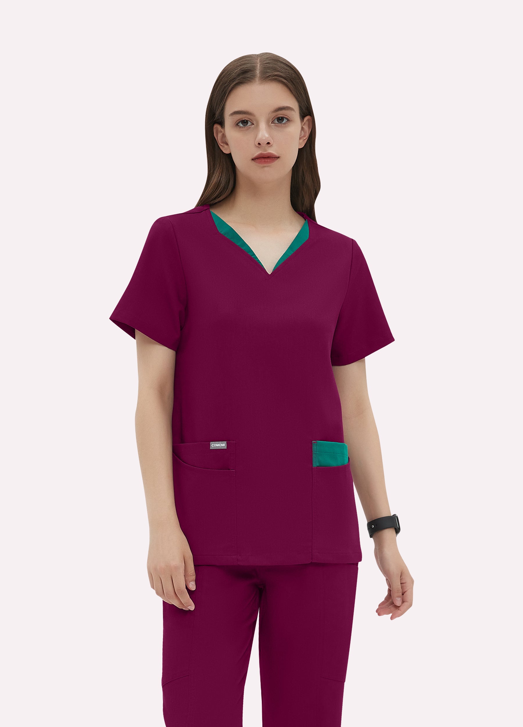 4-Taschen-Doppelschicht-/Farben-V-Scrub-Top für Damen