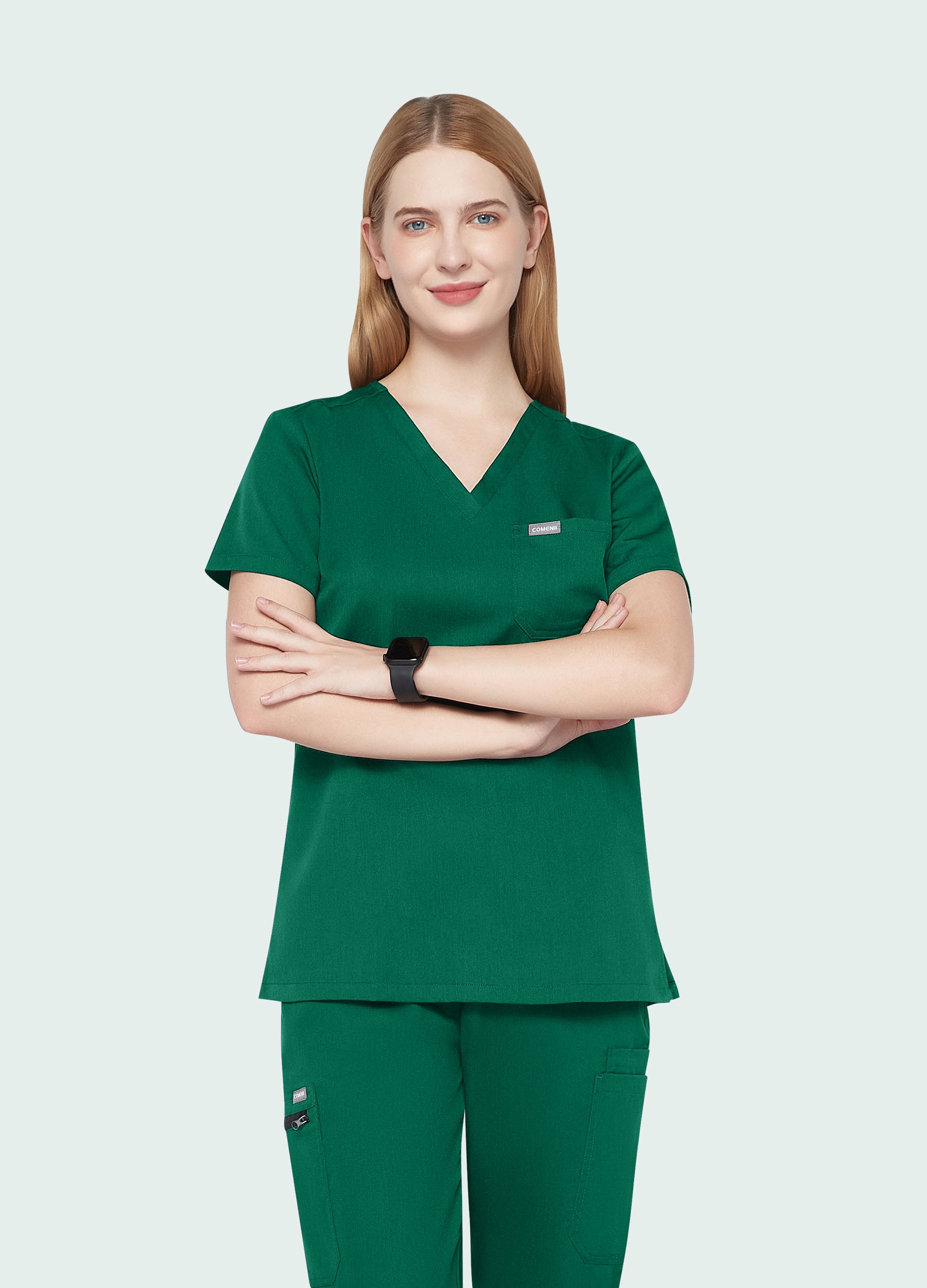 Blusa médica moderna con 1 bolsillo para mujer