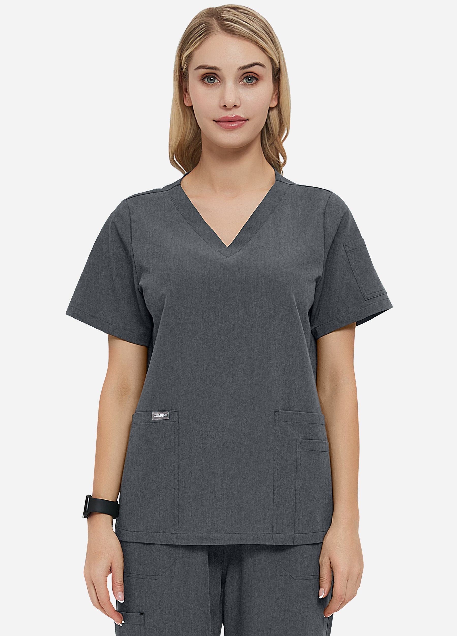 Blusa médica de 4 bolsillos con escote en V para mujer