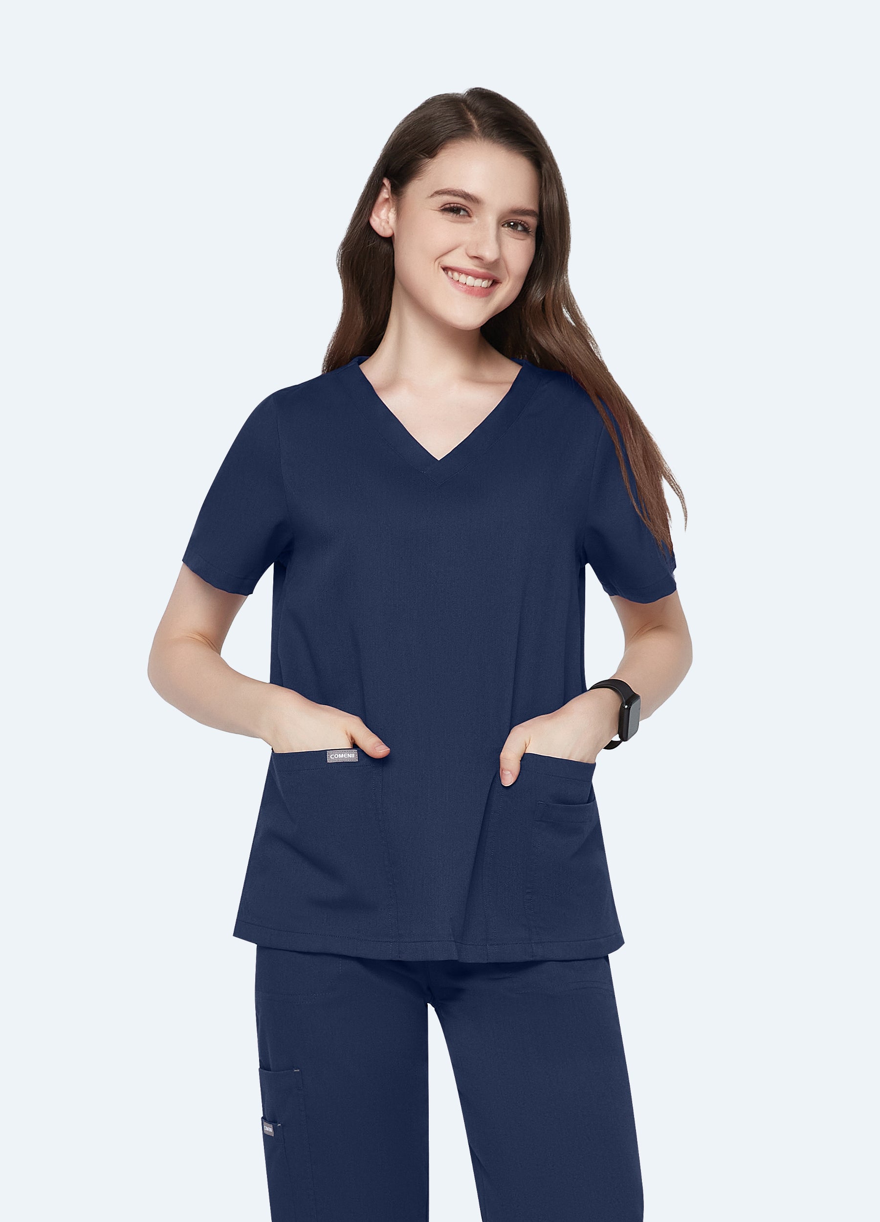 Blusa médica de 4 bolsillos con escote en V para mujer