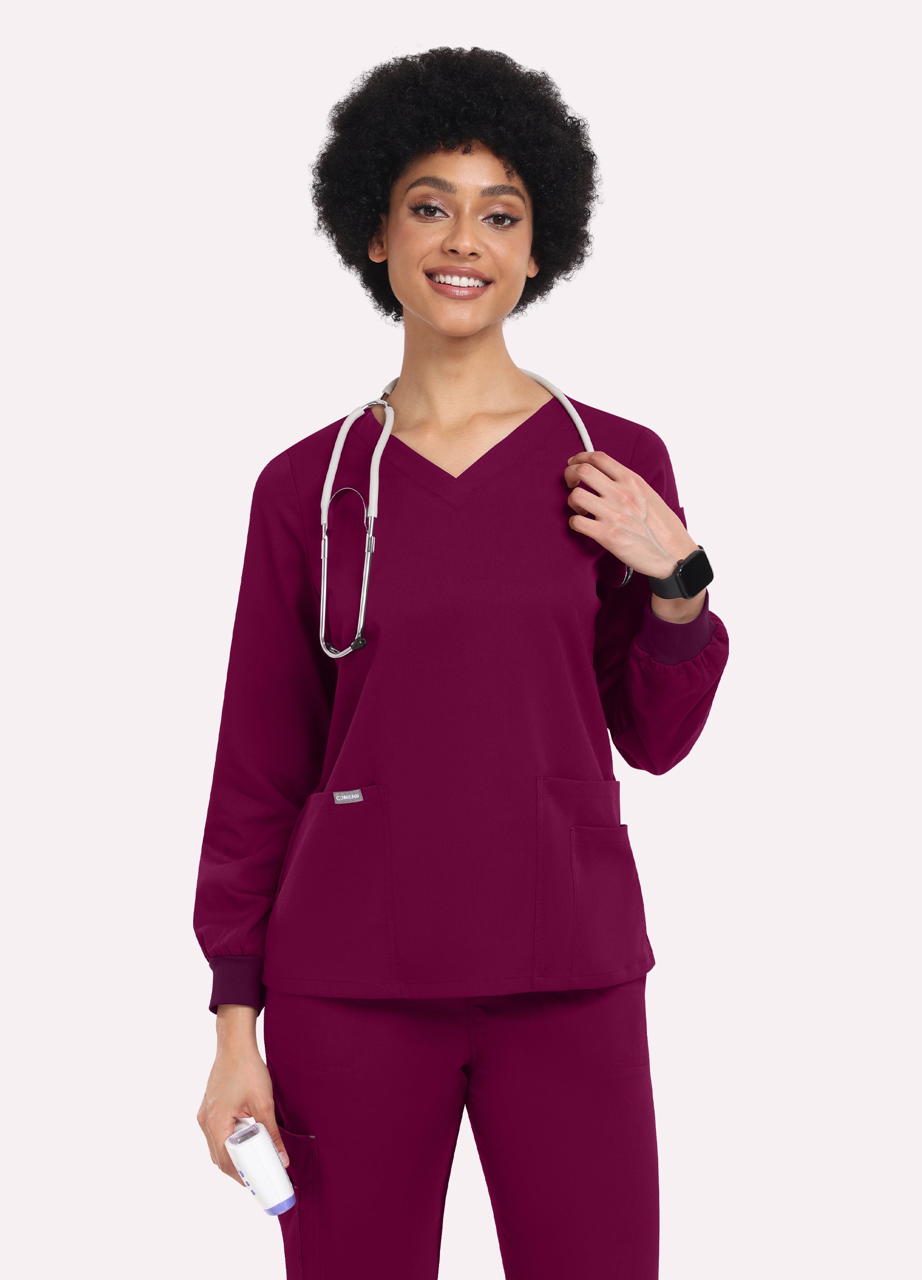 4-Taschen-Langarm-Scrub-Top mit V-Ausschnitt für Damen