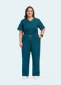 Caribbean Blue StyleFlex™ 7-Pocket Plus Size women's scrub pants with matching scrub top, full-length view by COMENII