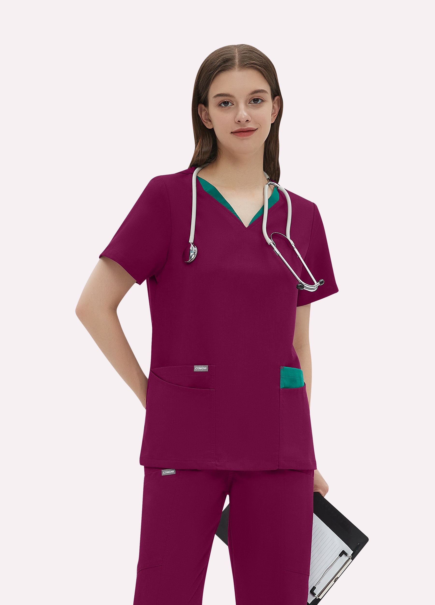 4-Taschen-Doppelschicht-/Farben-V-Scrub-Top für Damen