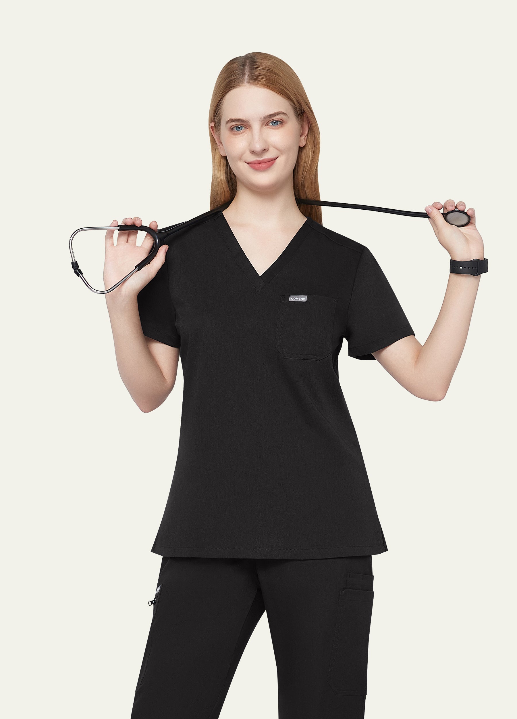 Blusa médica moderna con 1 bolsillo para mujer