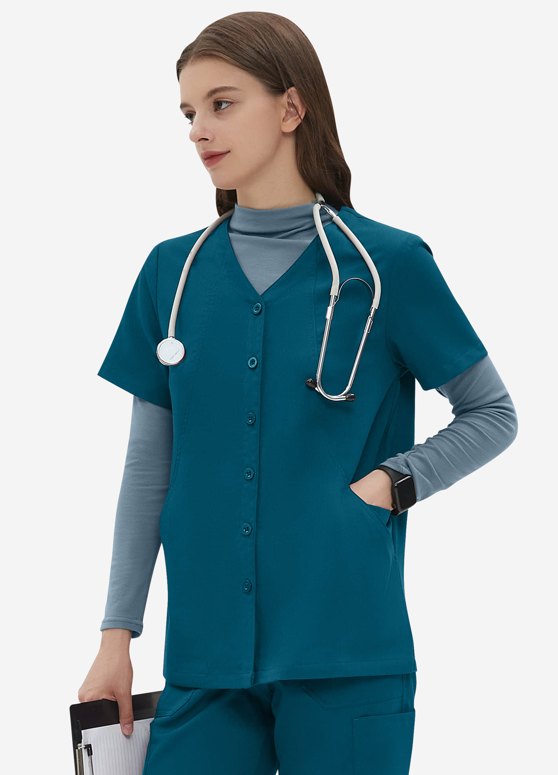 Haut d'uniforme médical à 4 poches et boutons pour femme