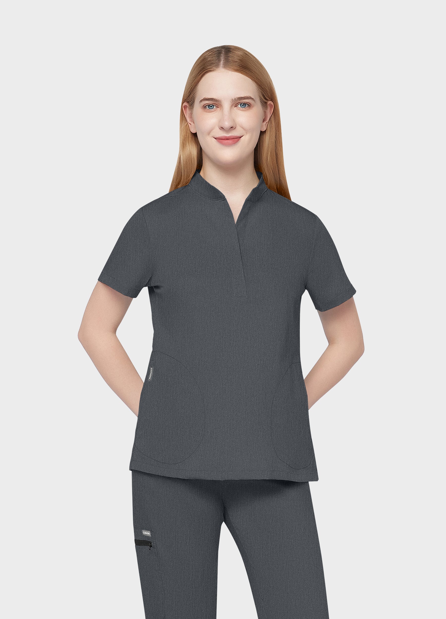 Haut d'uniforme médical à 3 poches et col mao pour femme