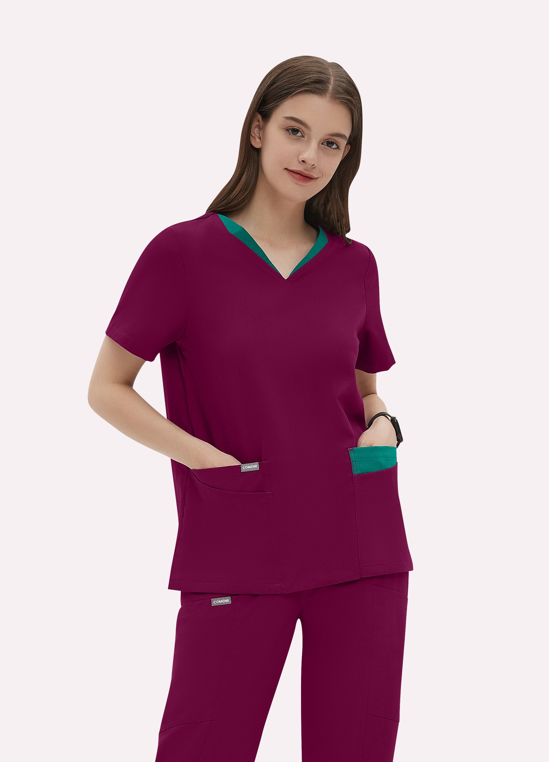 4-Taschen-Doppelschicht-/Farben-V-Scrub-Top für Damen