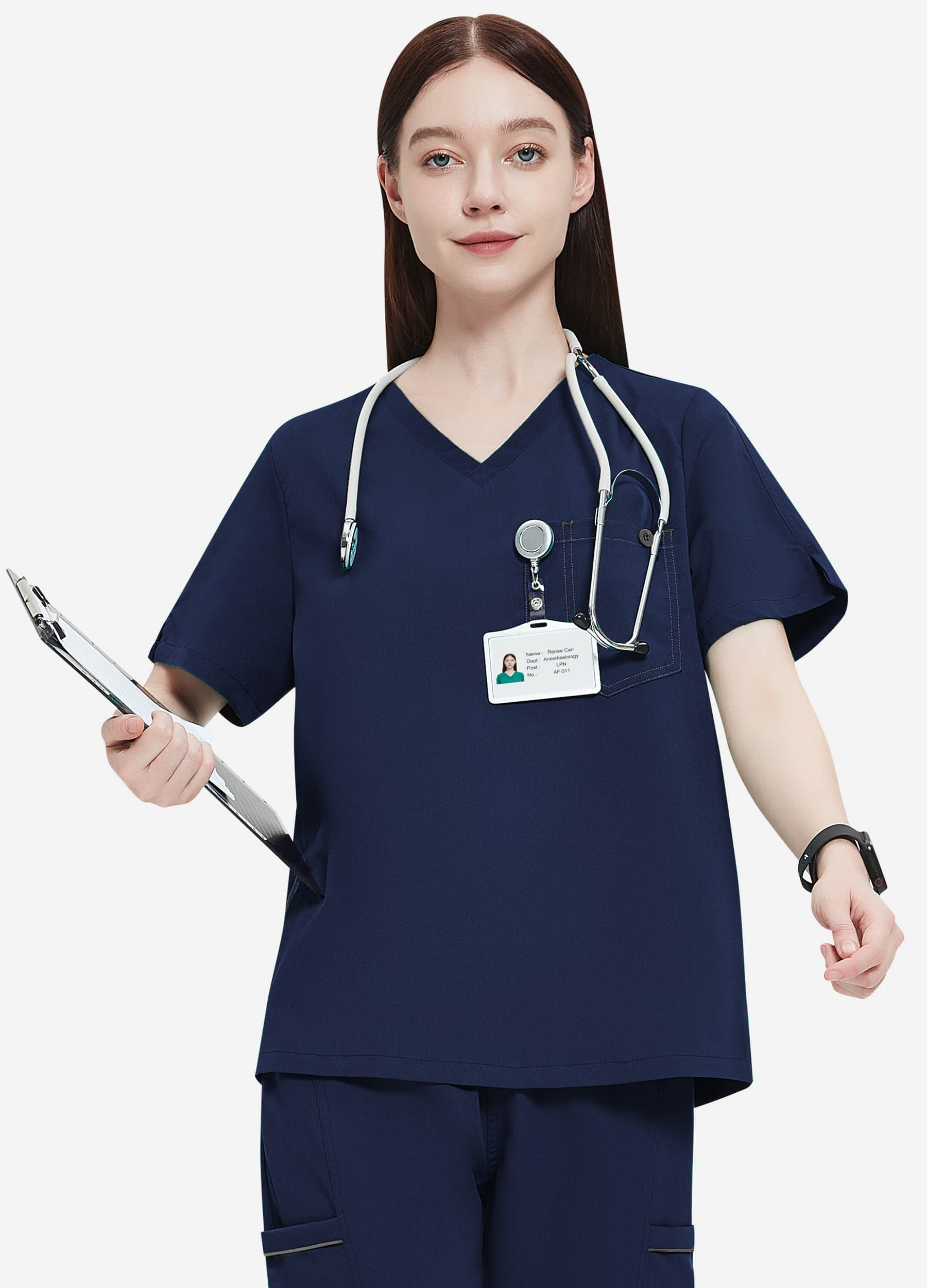Haut d'uniforme médical à encolure en V et 1 poche pour femme