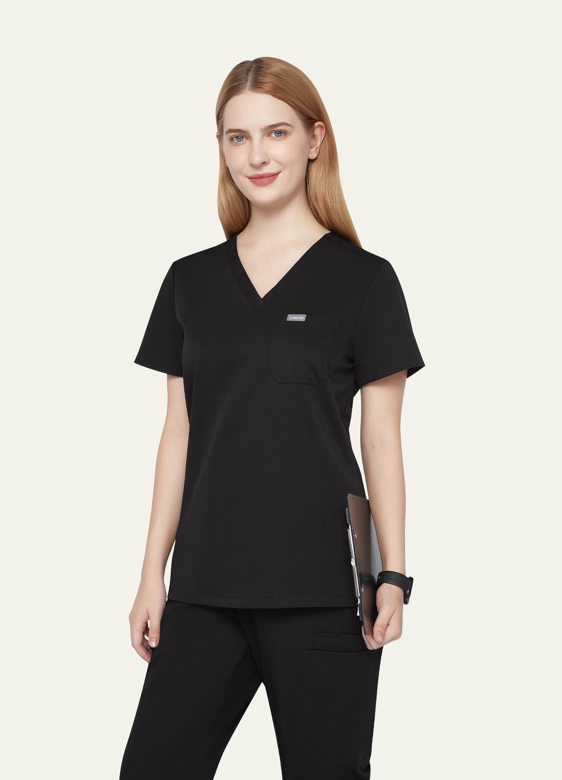 Blusa médica moderna con 1 bolsillo para mujer