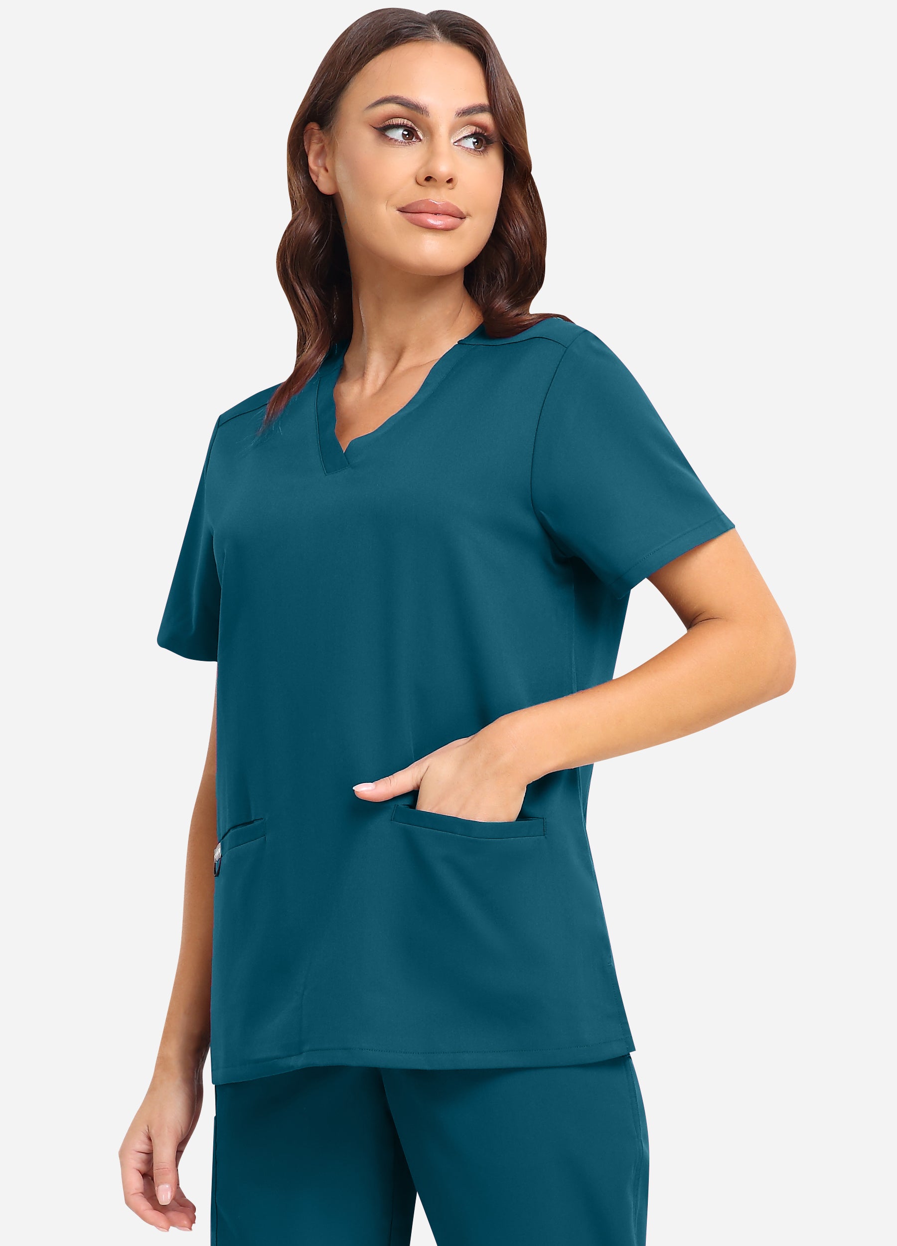 Blusa médica entallada con escote en V y 3 bolsillos para mujer