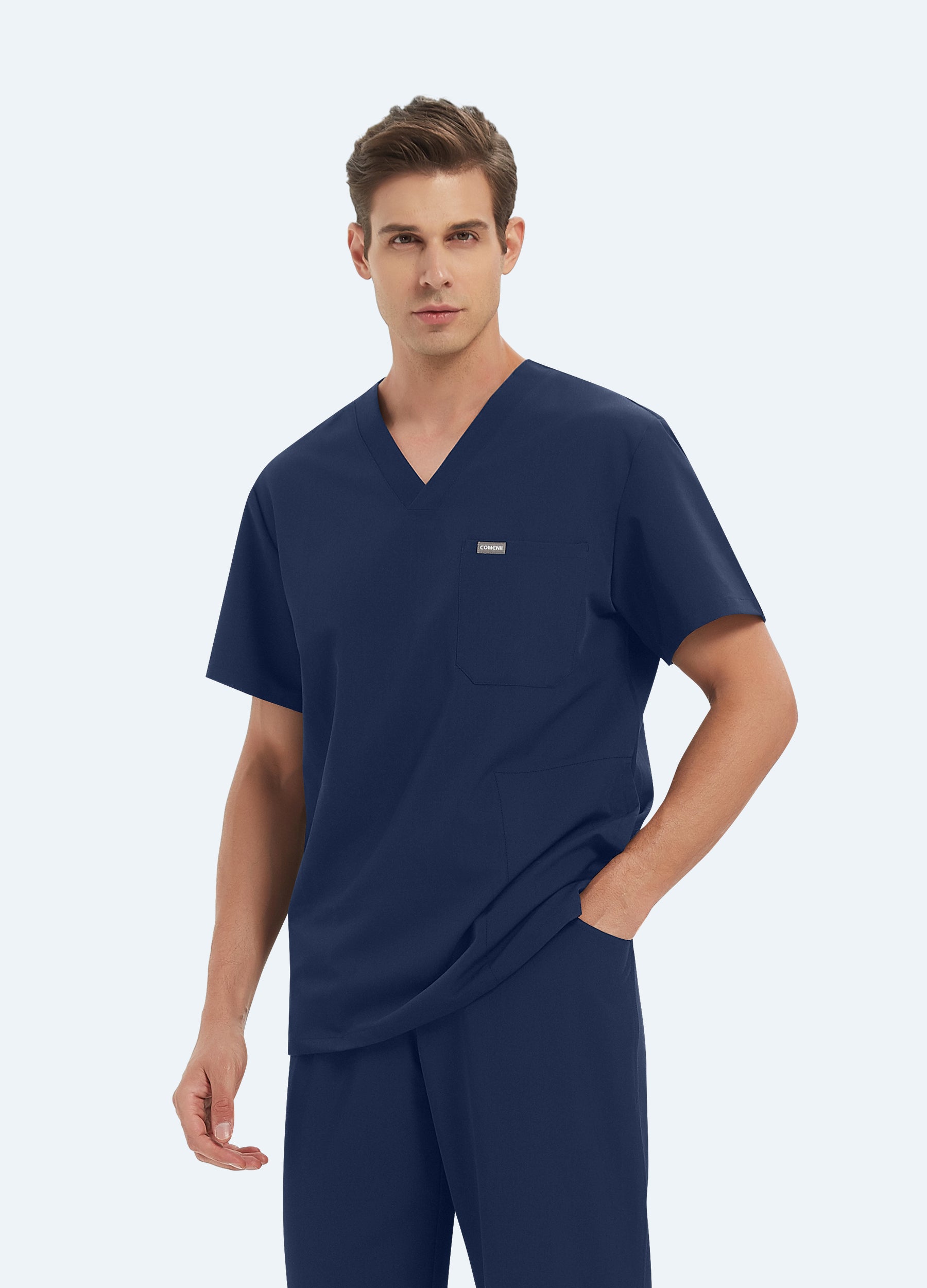 Blusa médica a medida con escote en V y 3 bolsillos para hombre