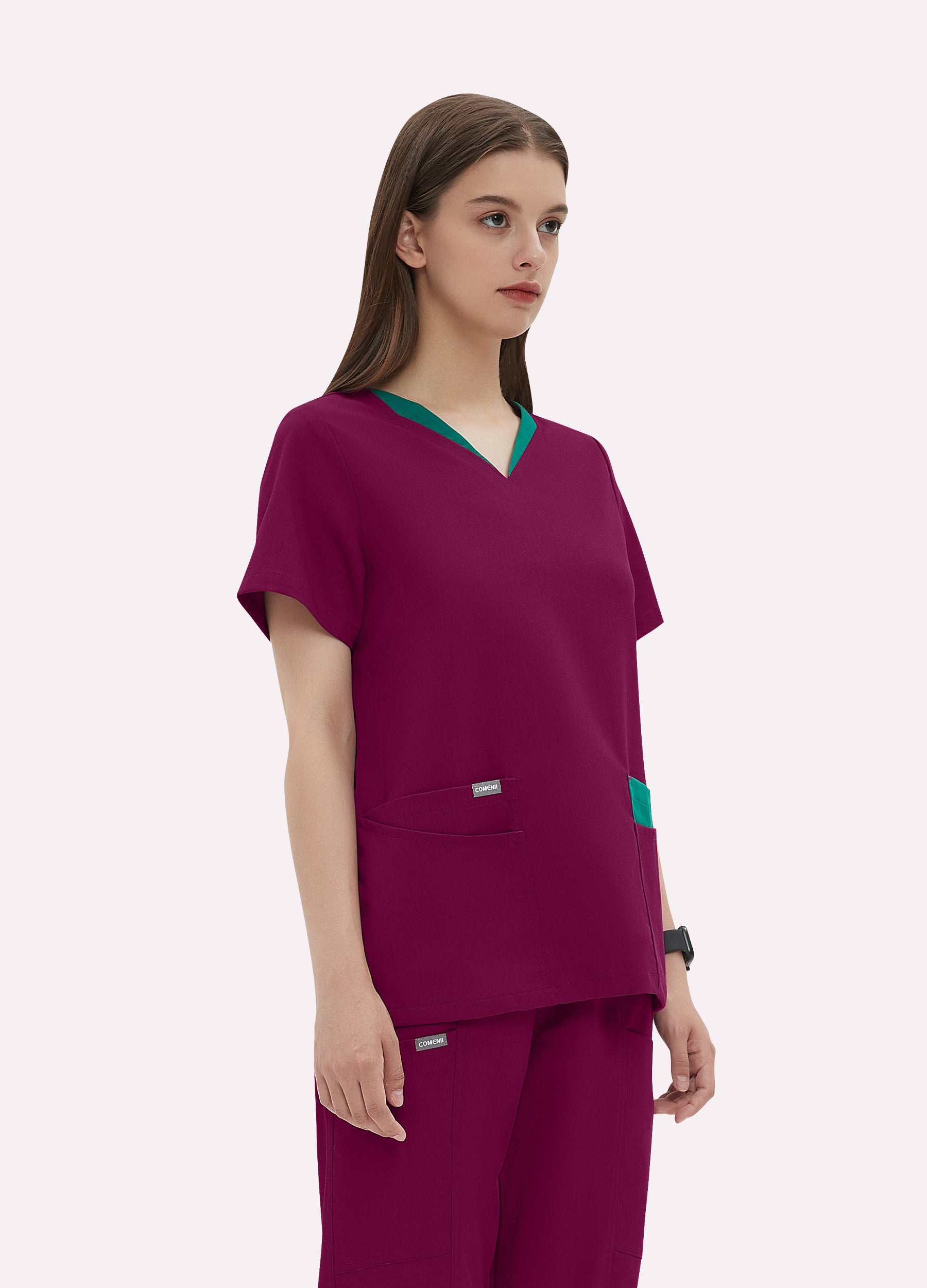 4-Taschen-Doppelschicht-/Farben-V-Scrub-Top für Damen