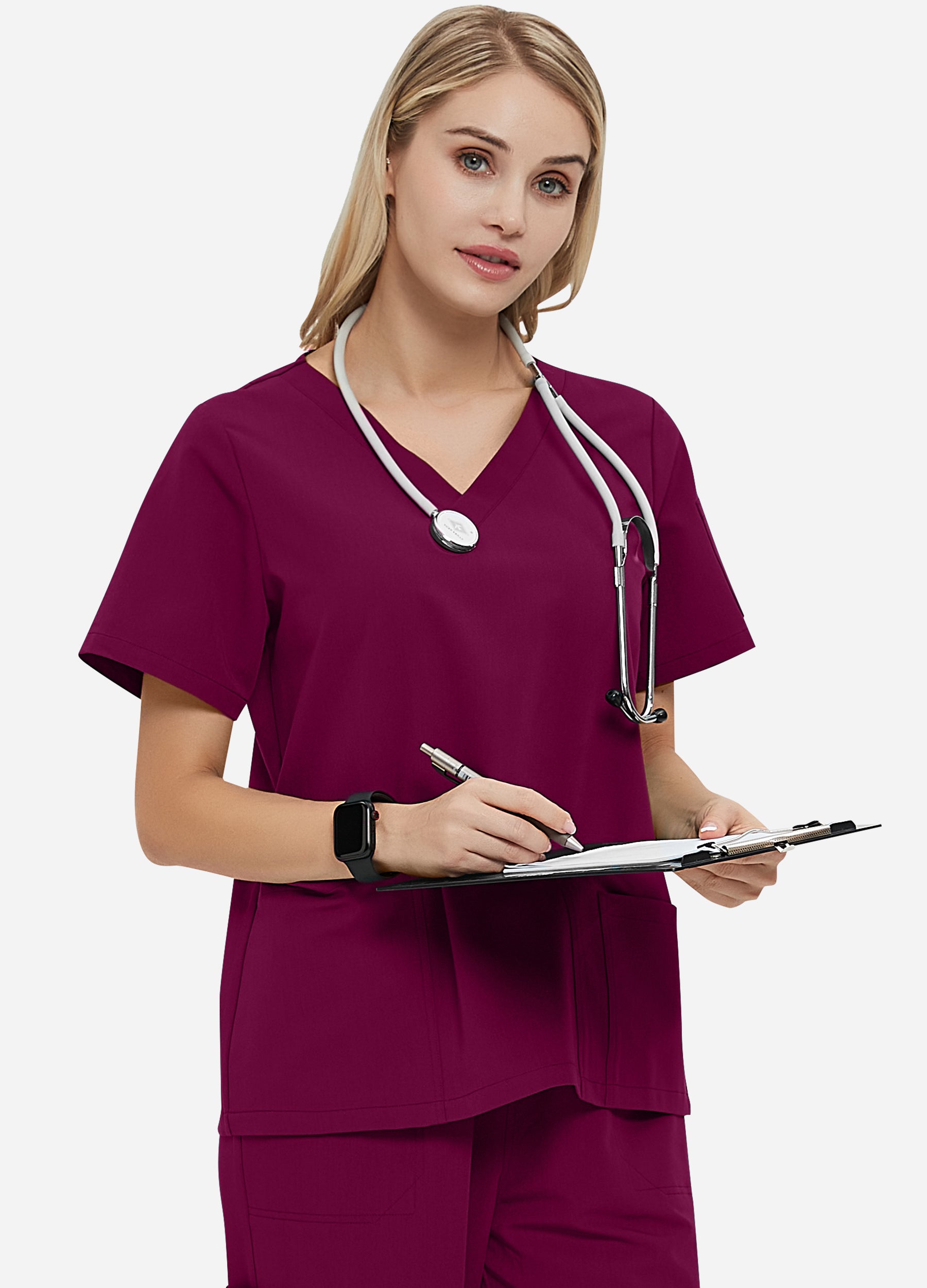 Blusa médica de 4 bolsillos con escote en V para mujer