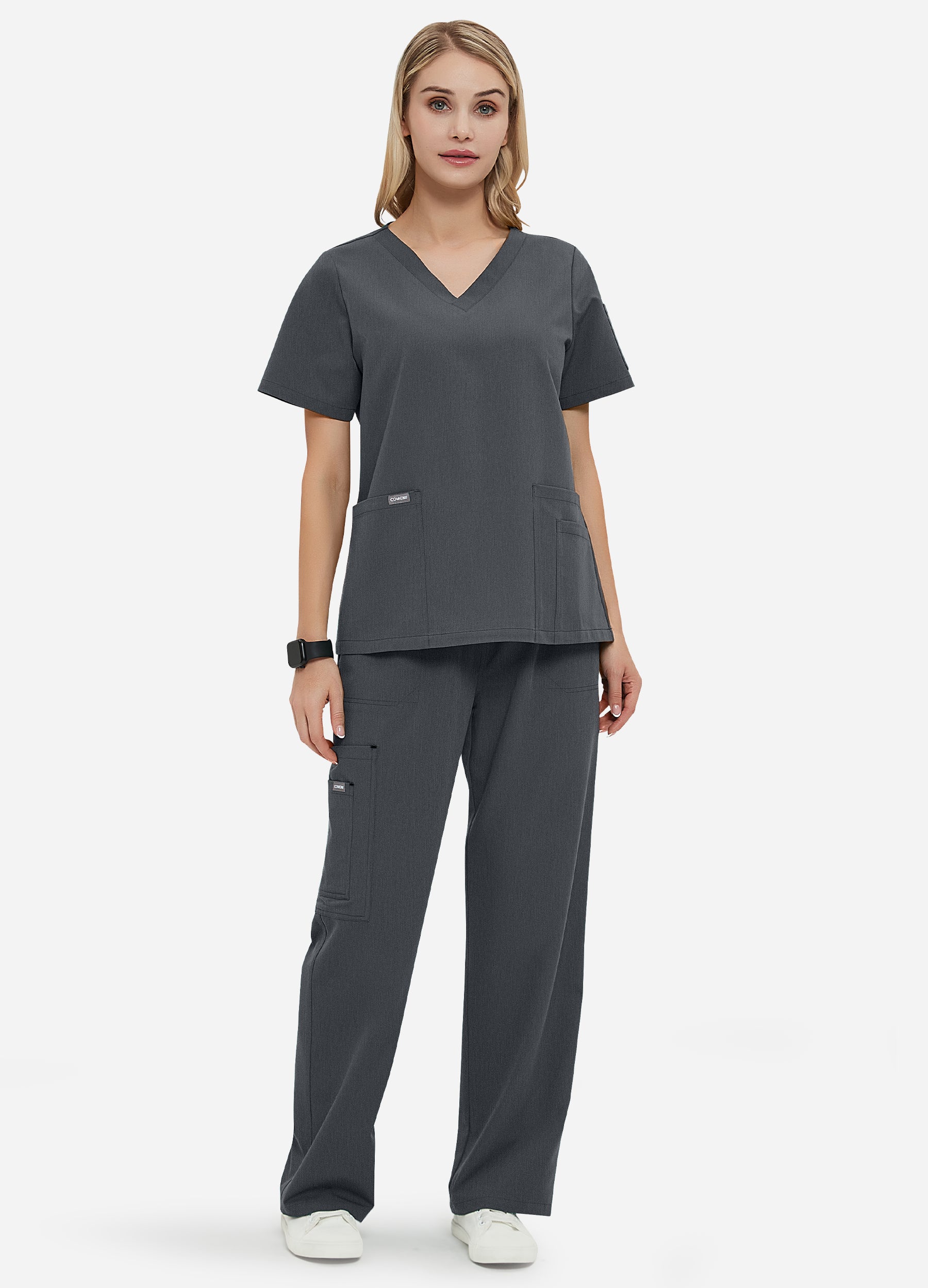 Blusa médica de 4 bolsillos con escote en V para mujer