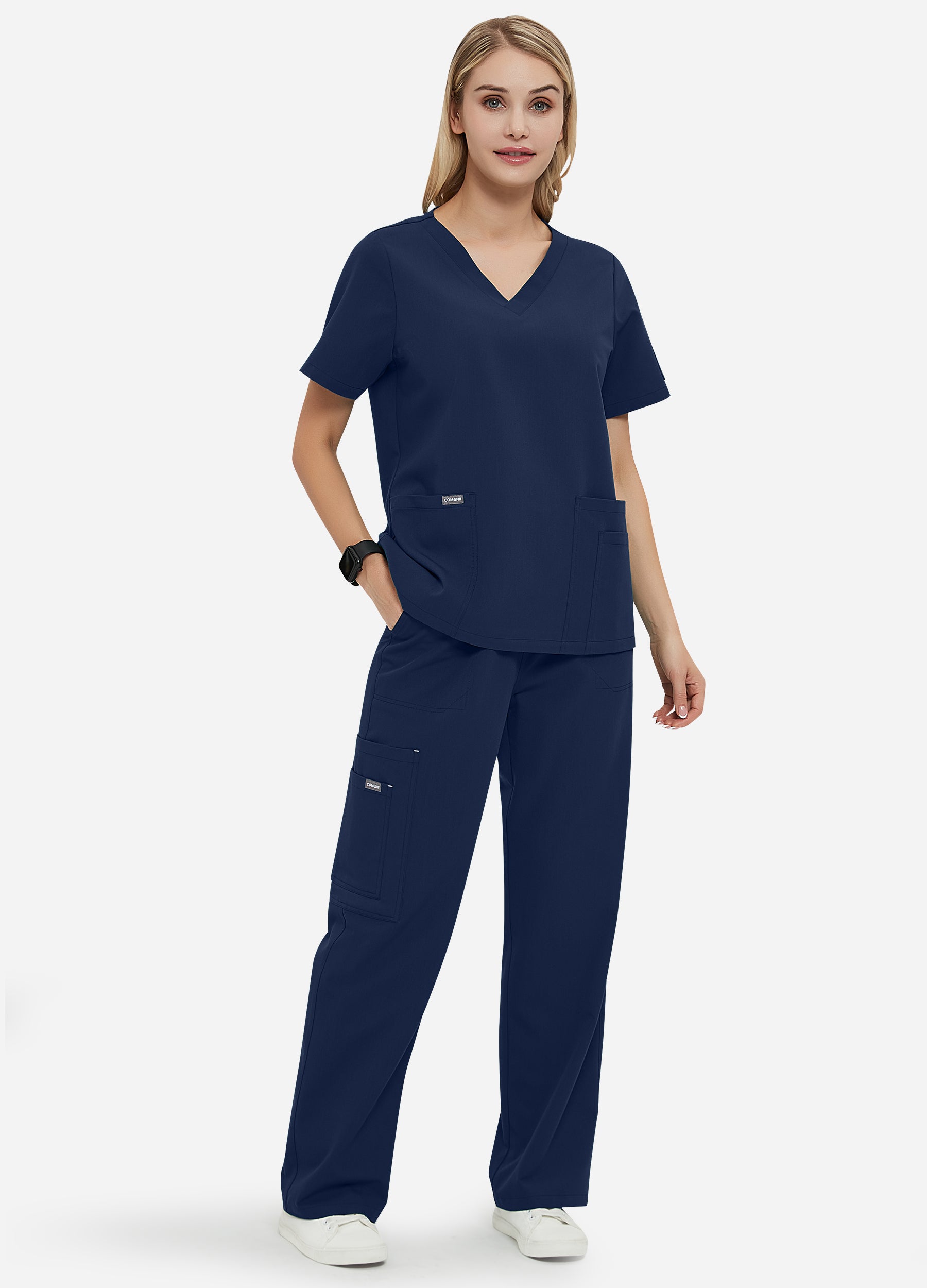 Haut d'uniforme médical galbé à 4 poches et encolure en V pour femme