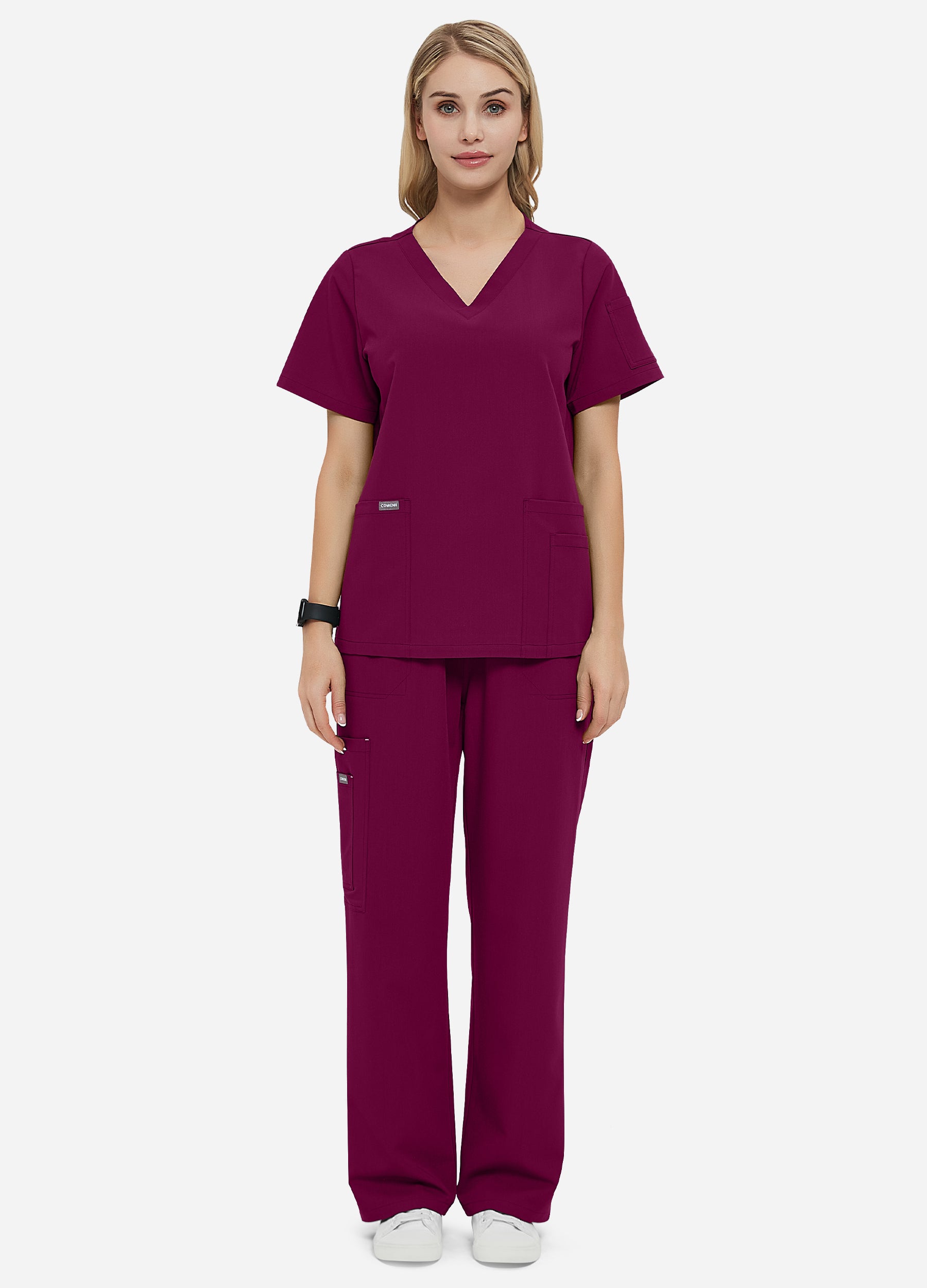 Blusa médica de 4 bolsillos con escote en V para mujer