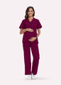 Wine Red SoftTouch™ maternity scrub pants with matching maternity scrub top, full-length view by COMENII
