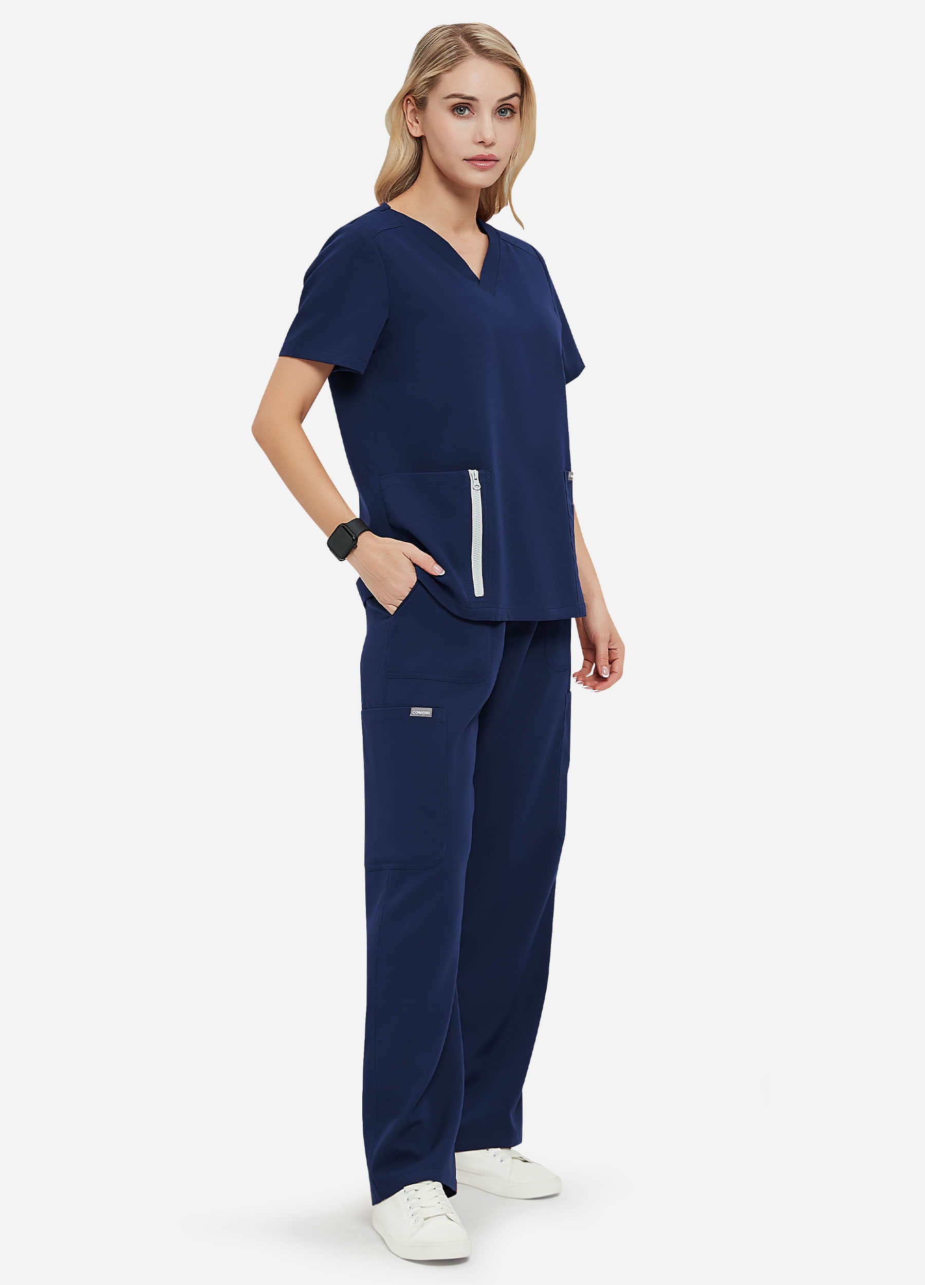 Blusa médica de 3 bolsillos con cierre vertical para mujer